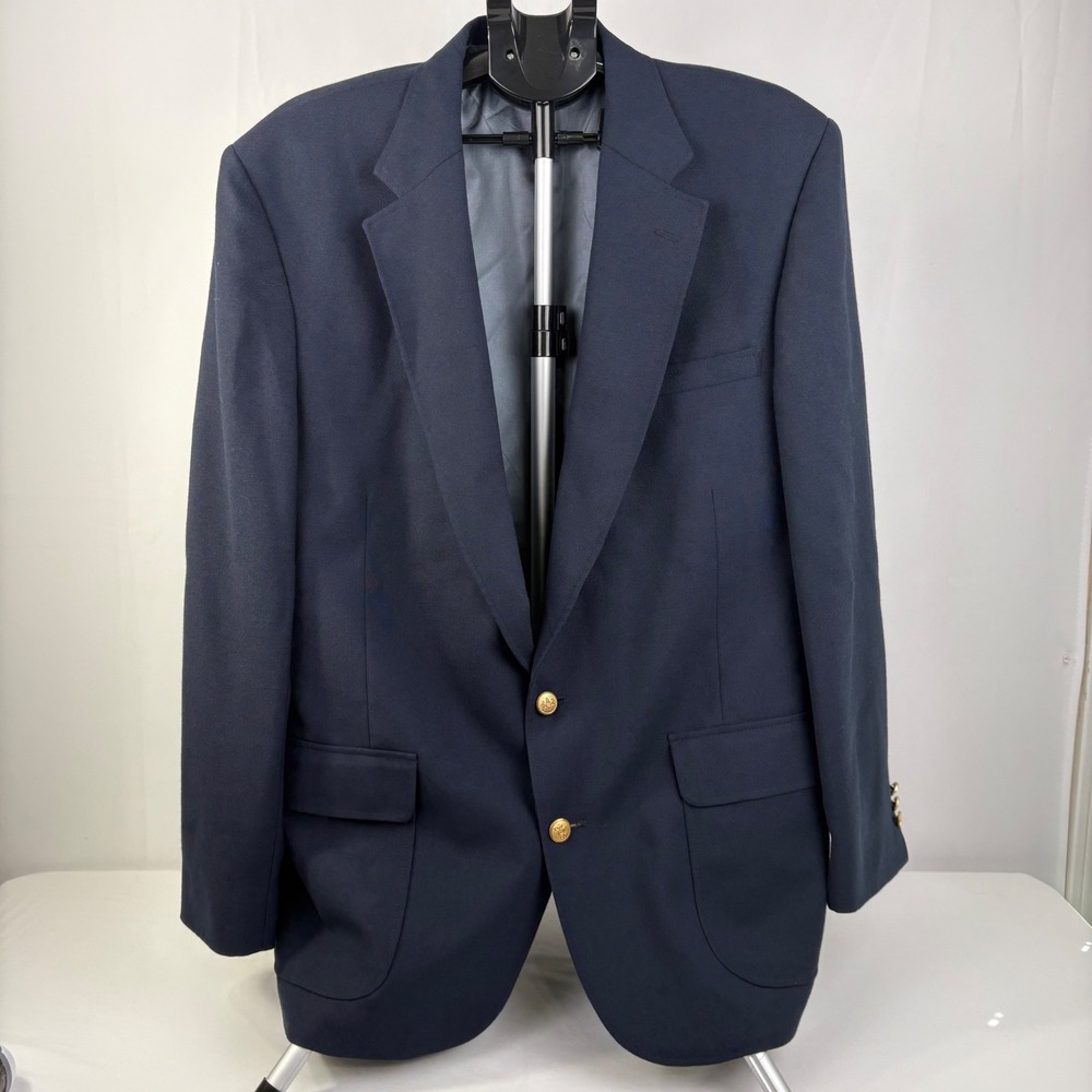 Vtg Stafford Mens Navy Blue Hopsack Blazer Gold Buttons Sport Coat USA 46L